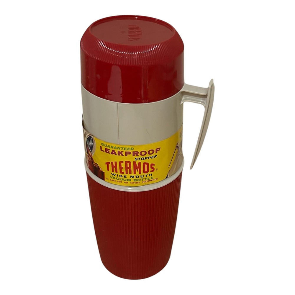 Vintage NWT Thermos‎ Wide Mouth Vacuum Bottle Leakproof Stopper Hot Red White